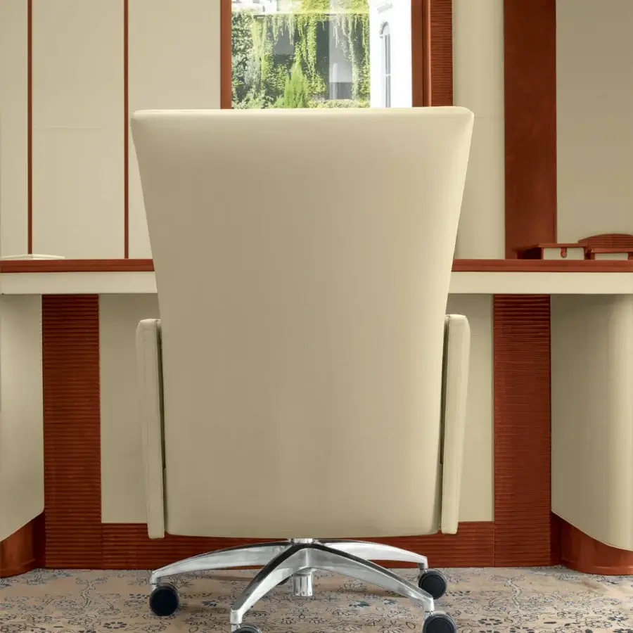 Exceptional Mascheroni Kronos armchair in pale beige synthetic textile with a smooth matte finish and a birch shaped wood frame crafted with genuine leather