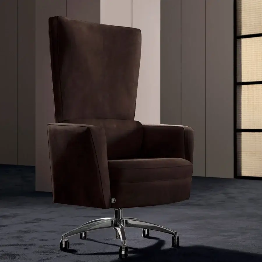 Distinguished Mascheroni Kronos armchair upholstered in matte dark brown genuine leather with a polished metal swivel base