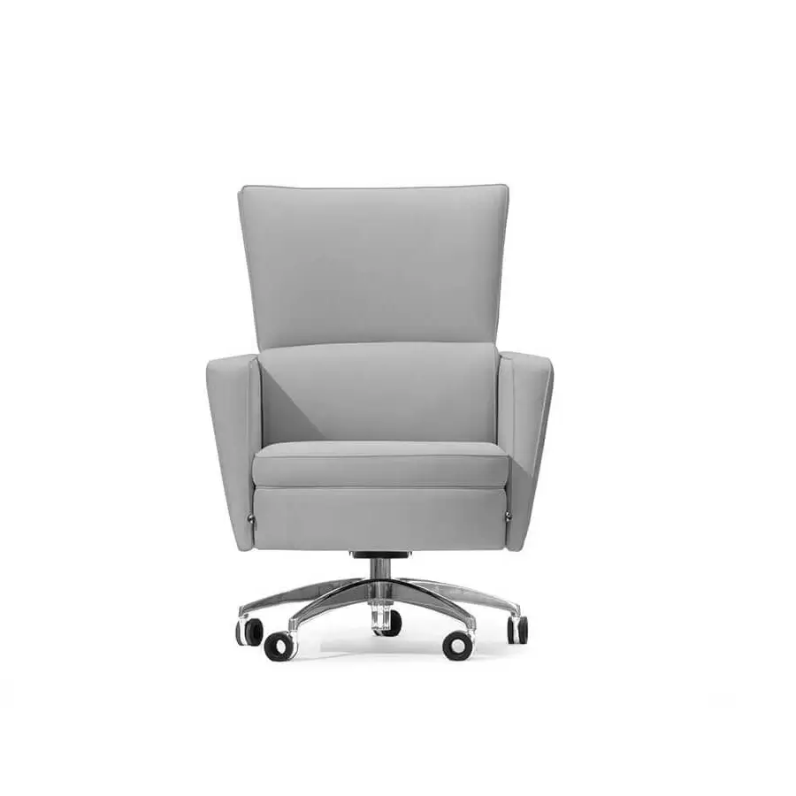 Elegant Mascheroni Kronos armchair upholstered in light gray genuine leather with a swivel steel base