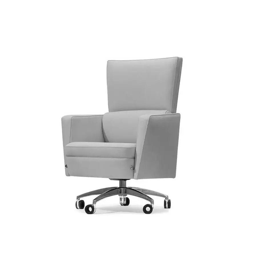 Distinguished Mascheroni Kronos armchair crafted in light gray genuine leather with a 5-spoke steel swivel base and castors