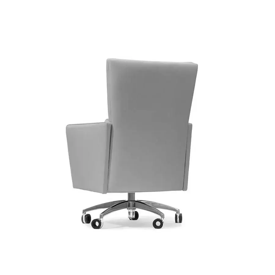 Superior Mascheroni Kronos armchair in light gray genuine leather with a five-spoke steel swivel base handcrafted in Italy with shaped birch wood
