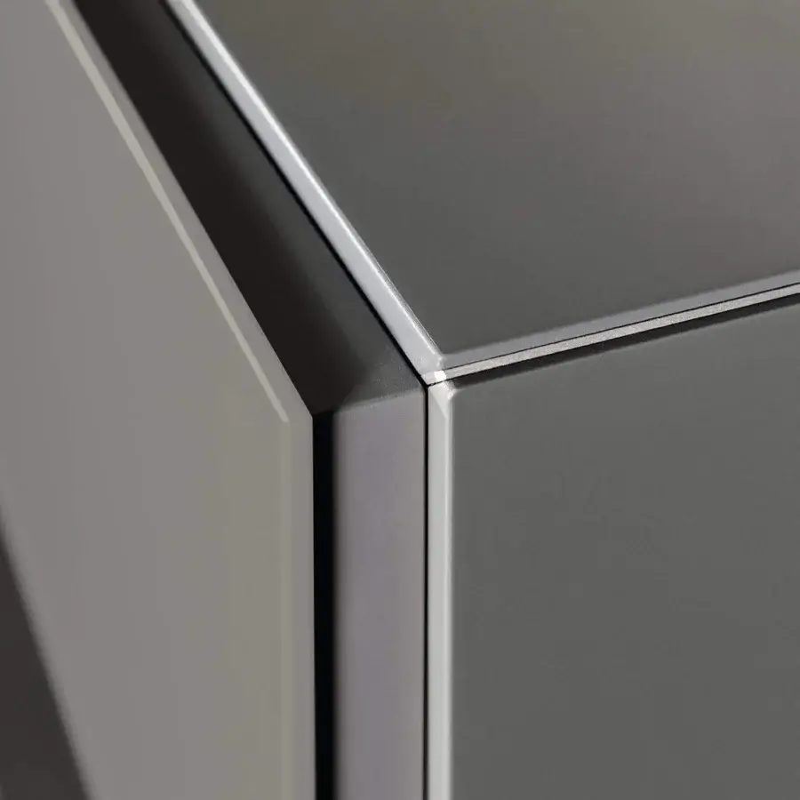 Elegant Lago Air sideboard with contrasting light and dark gray blocks seemingly floating on transparent tempered glass