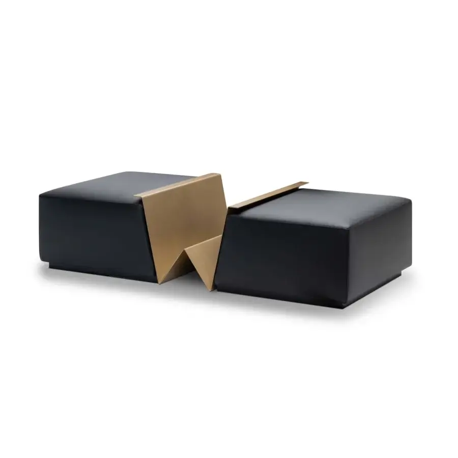 Lavish WAYNE Enterprises WE-158 ottoman in black leather with a geometric gold-toned metal magazine rack