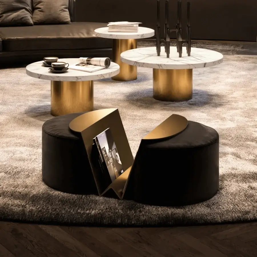 Exclusive WAYNE Enterprises WE-158 ottoman upholstered in dark plush fabric with integrated gold-toned metal magazine rack crafted in Italy