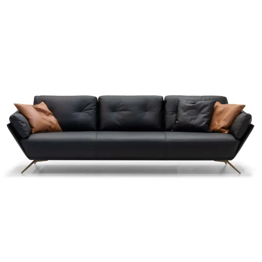 Elegant WAYNE Enterprises WE-001 sofa upholstered in sleek black leather with brass finished metal legs