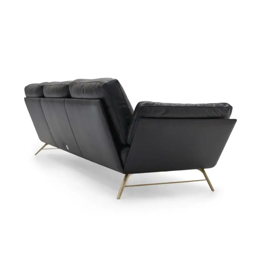 Superior WAYNE Enterprises WE-001 sofa upholstered in black leather with golden tone metal legs