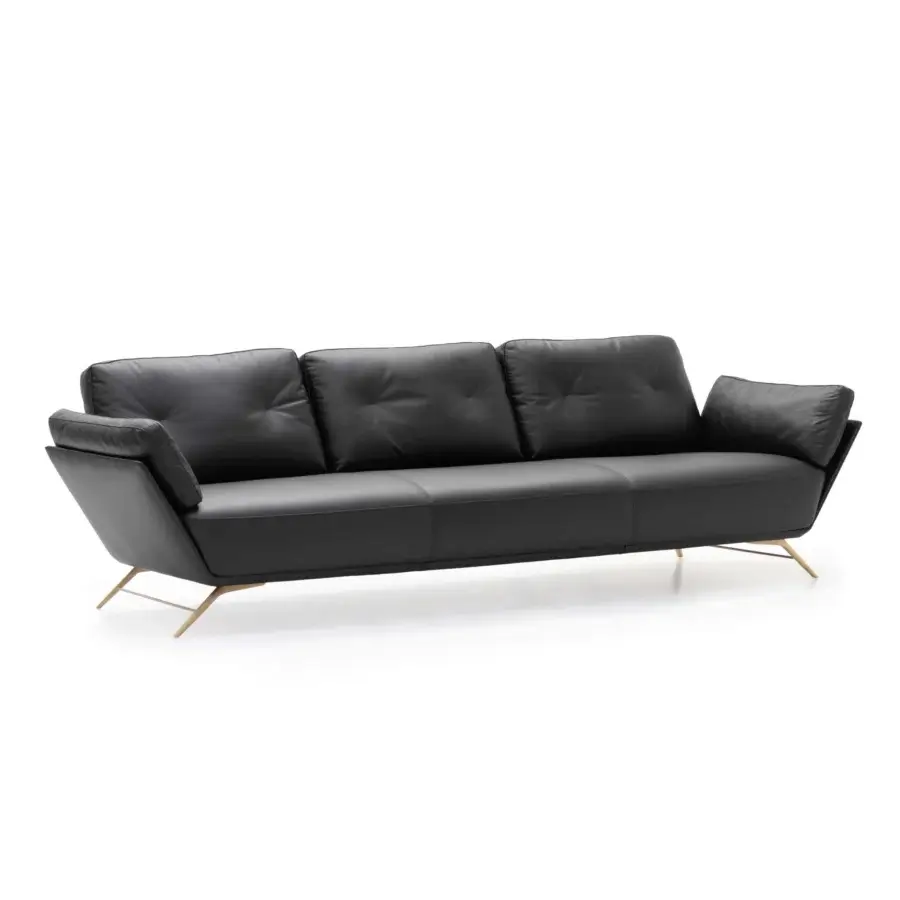 Distinguished WAYNE Enterprises WE-001 sofa upholstered in sleek black leather or fabric with smooth finish and angled metal legs