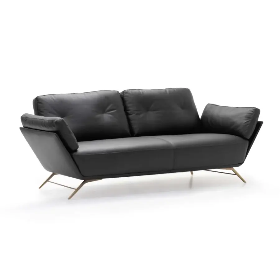 Exclusive Wayne Enterprises WE-001 sofa upholstered in matte black leather with bronze-toned metal legs
