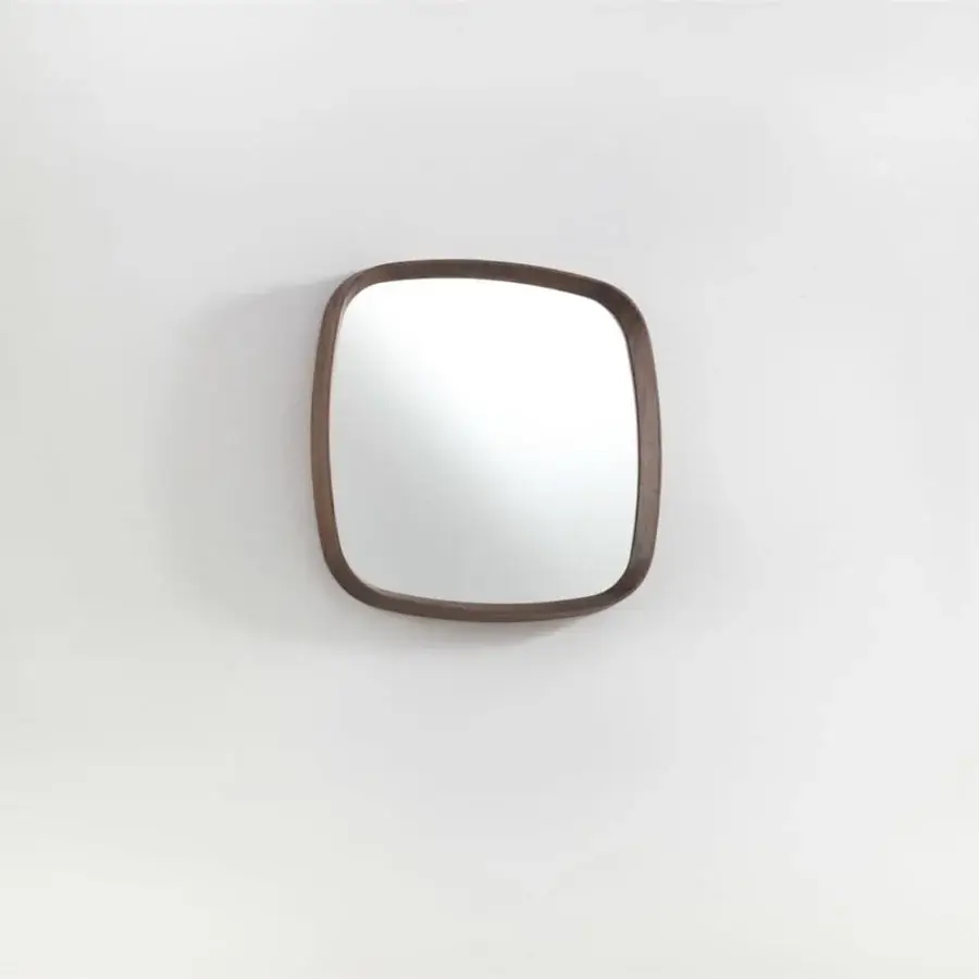 Superior Porada Mix mirror with rounded corners built in solid canaletta walnut and a clear reflective surface