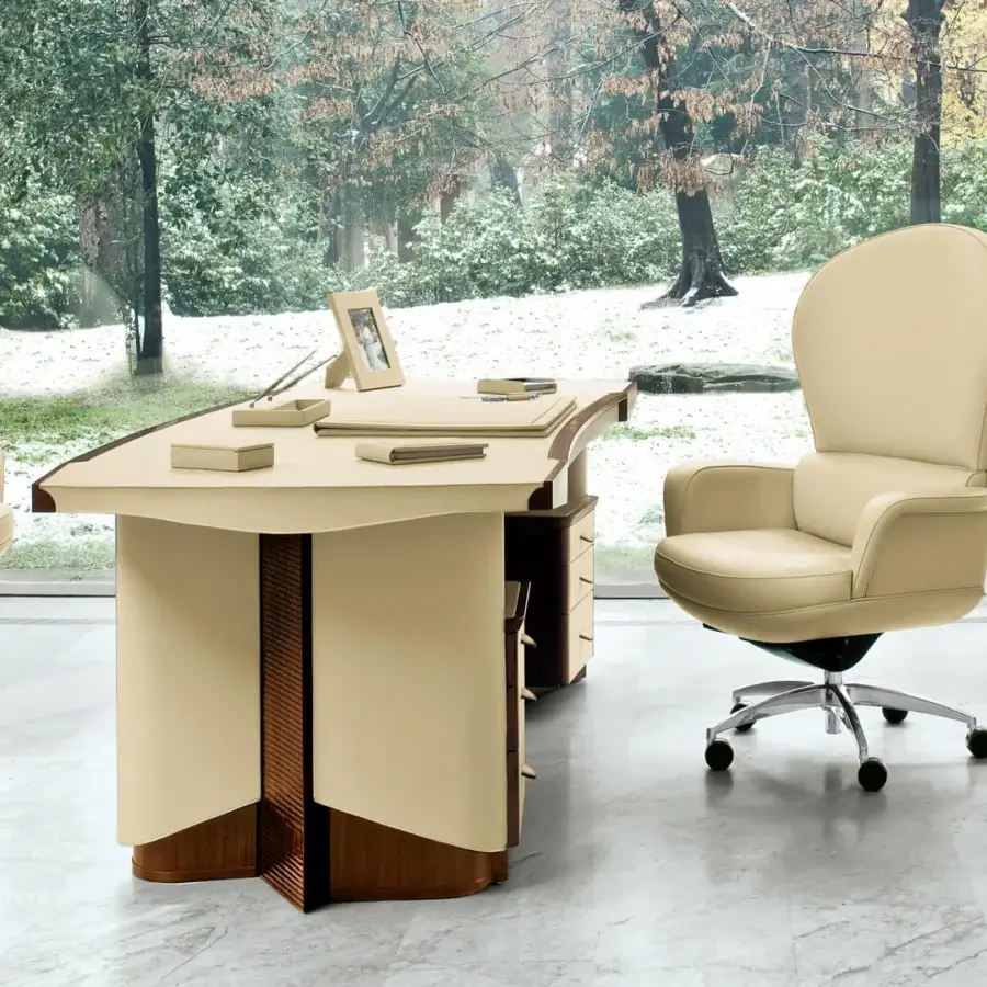 Distinguished Mascheroni Polaris armchair in light cream natural leather with adaptive castors and a steel base