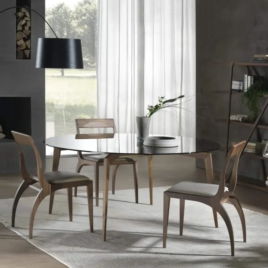 Elegant Pacini & Cappellini Hope table with tinted glass and subtly angled solid wooden legs crafted with a smooth finish