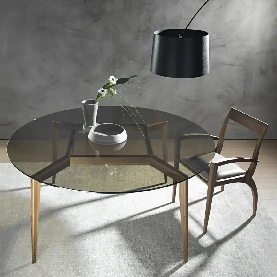 Superior Pacini & Cappellini Hope table with smoky grey-brown glass and geometric light-toned wooden base crafted in Italy