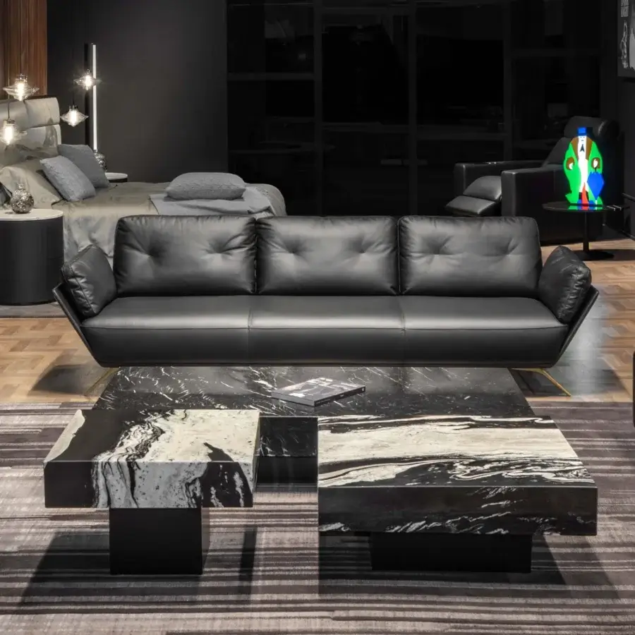 Distinguished WAYNE Enterprises WE-159 coffee table with swirling black and white marble top and dark matte lacquered base