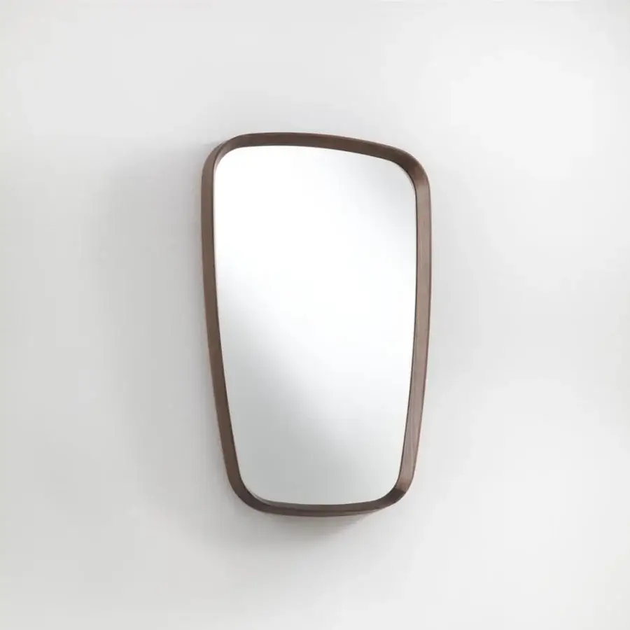 Distinctive Porada Mix mirror crafted in smoothly finished canaletto walnut with an irregular rectangular shape for versatile light reflection