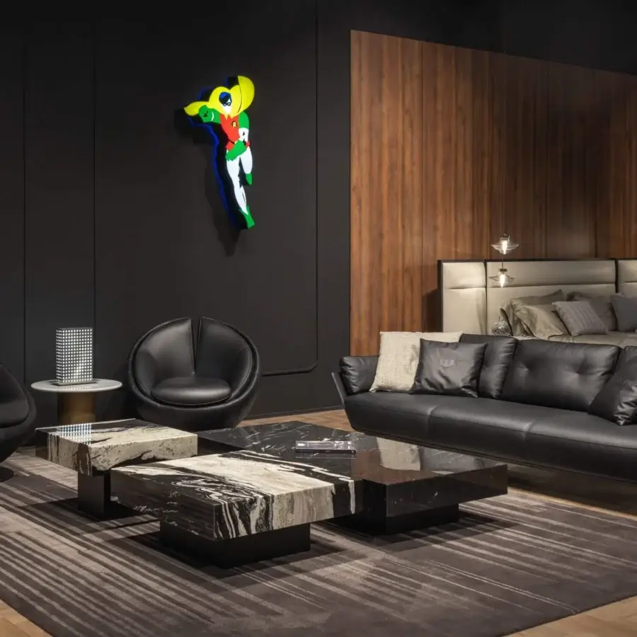 Distinguished WAYNE Enterprises WE-159 coffee table with Italian crafted marble top in white, dark gray and black patterns with a lacquered base