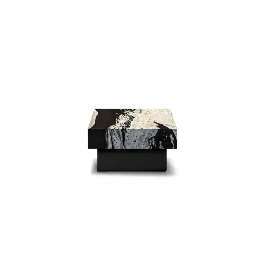 Distinguished WAYNE Enterprises WE-159 coffee table with swirling black and white marble top and lacquered base