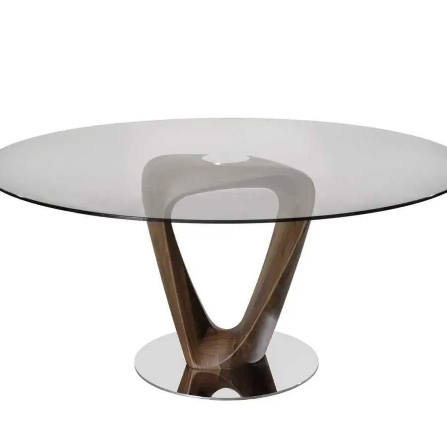 Harmonious Pacini & Cappellini Mobius table with a glossy dark-toned wooden base and circular tempered glass top connected with chromed metal