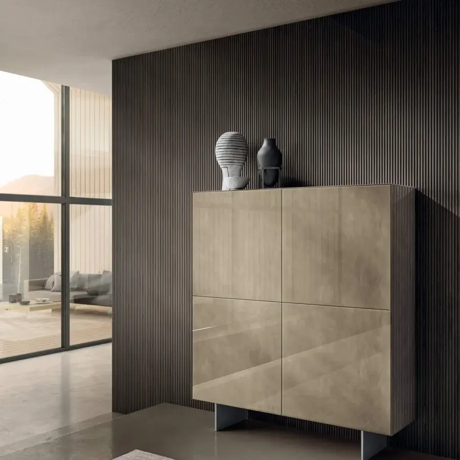 Superior Lago Materia cupboard with glossy light warm brown finish and elegant metal legs crafted in XGlass wood