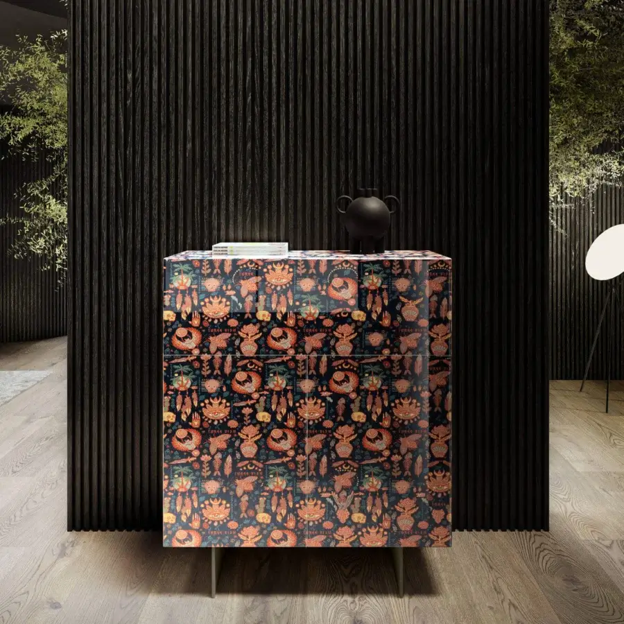 Exceptional Lago Materia cupboard with visually striking XGlass and elegant metal supports in orange and dark blue hues