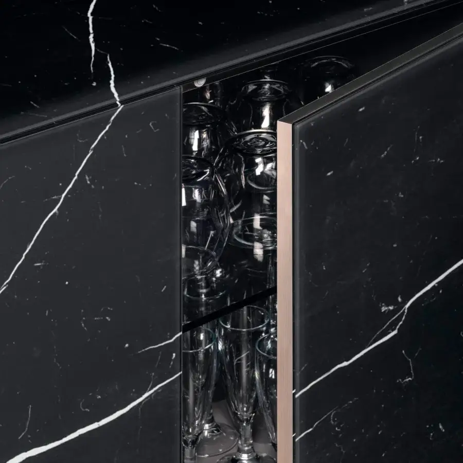 Superior Lago Materia cupboard with dark XGlass marble finish and satin trim displaying a continuous grain pattern