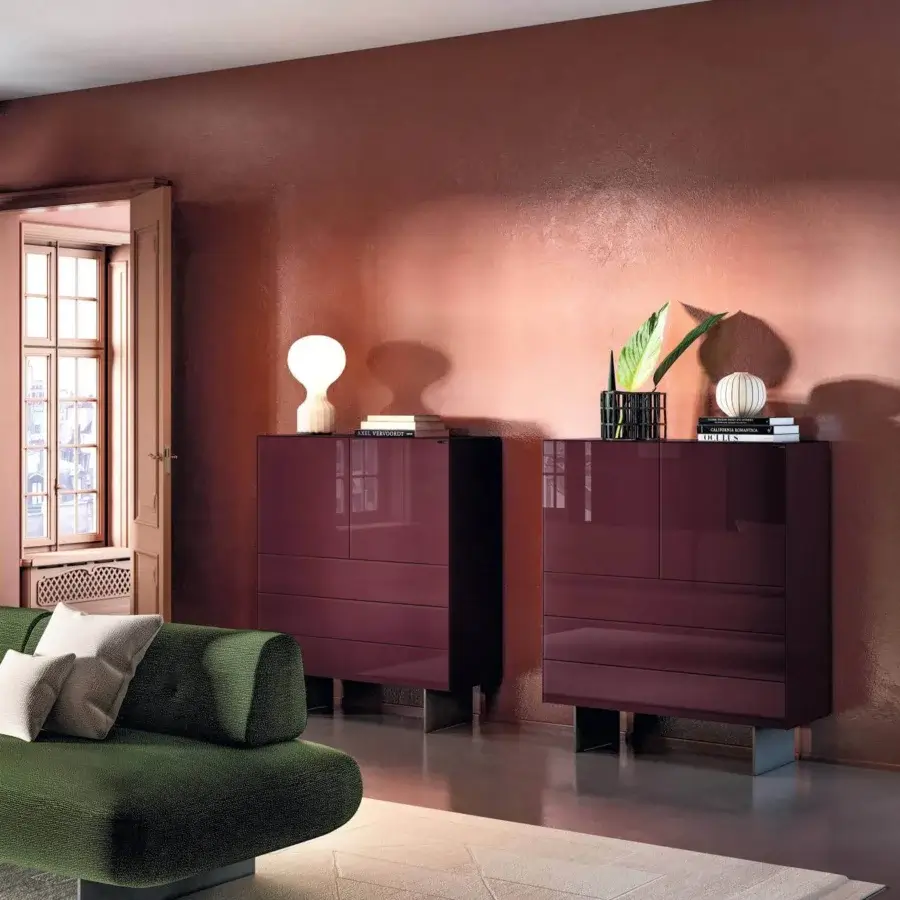 Distinguished Lago Materia cupboard with glossy dark burgundy XGlass and metal supports maintains an elegant handle-free design