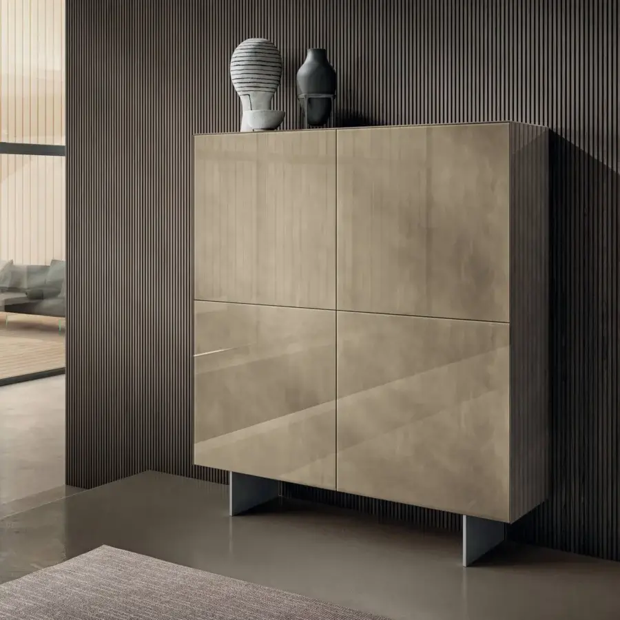 Exceptional Lago Materia cupboard with pure linear design in glossy muted brown wood and metal supports with XGlass finish
