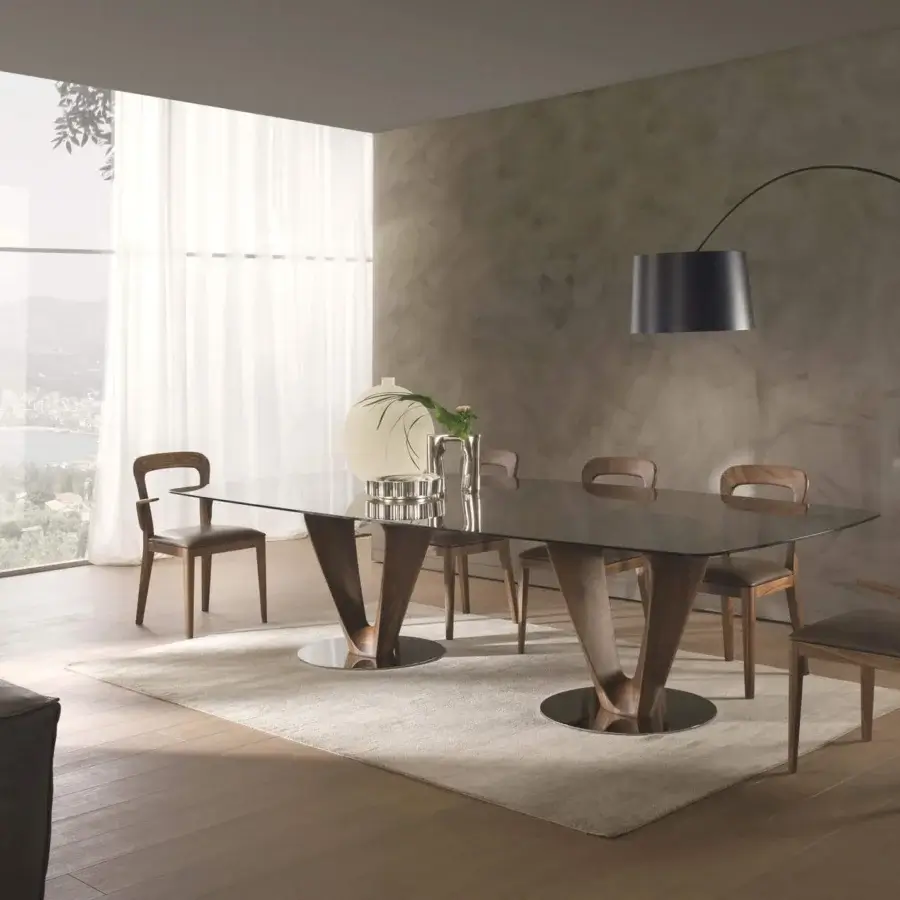 Exclusive Pacini & Cappellini Mobius table with rectangular tempered glass and chromed metal base plates crafted in wood