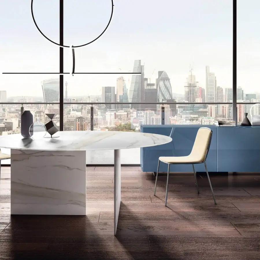 Distinguished Lago Plenum sideboard with glossy blue glass covering and coplanar sliding doors revealing generous storage