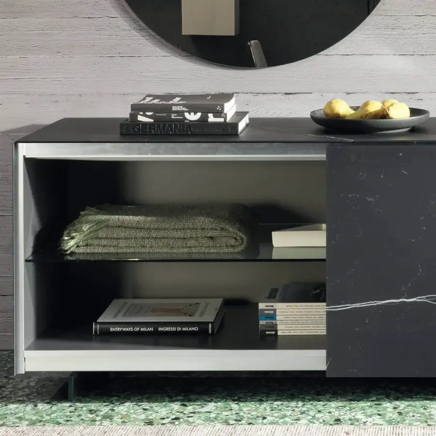 Superior Lago Plenum sideboard with dark gray glass covering and coplanar sliding door exhibiting white marbling finish