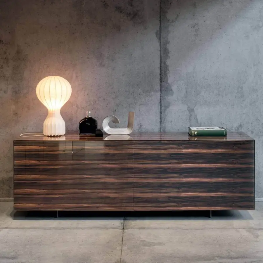 Exceptional Lago Plenum sideboard with glossy horizontally striped glass and a thin metal base offering coplanar sliding doors