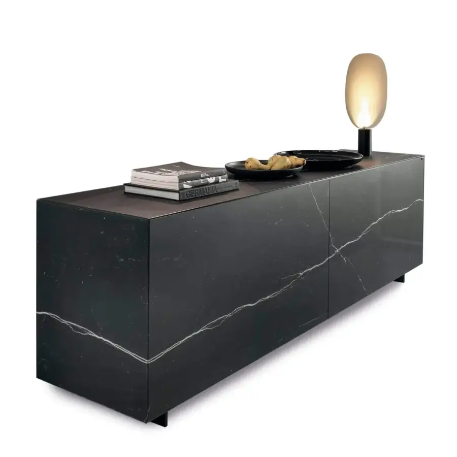 Superior Lago Plenum sideboard with coplanar sliding doors and a marble-like glass finish in dark stone coloring