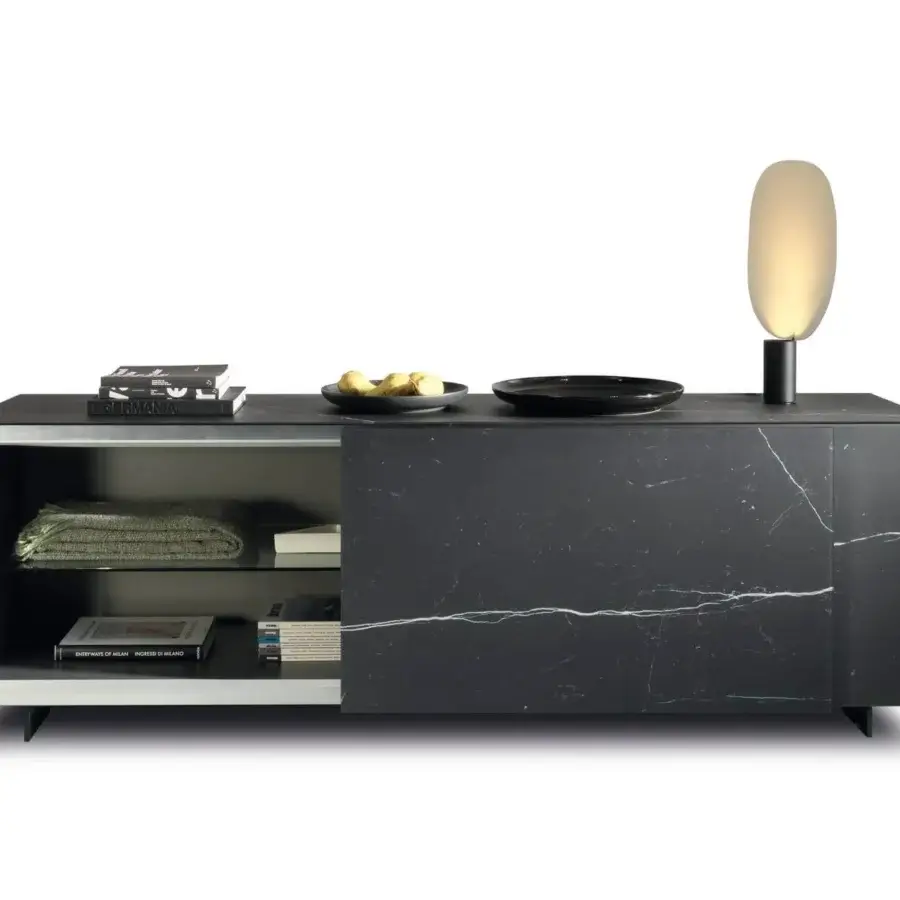Elegant Lago Plenum sideboard with coplanar sliding doors and polished stone-like glass with white veining