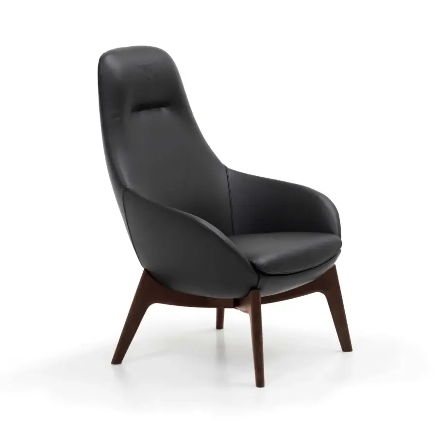 Superior WAYNE Enterprises WE-130 lounge chair with smooth dark leather upholstery and dark-stained wooden base