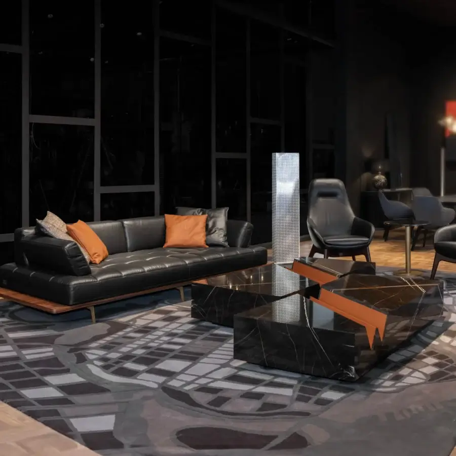 Distinguished WAYNE Enterprises WE-130 lounge chair with sleek black leather upholstery and dark finished wooden base