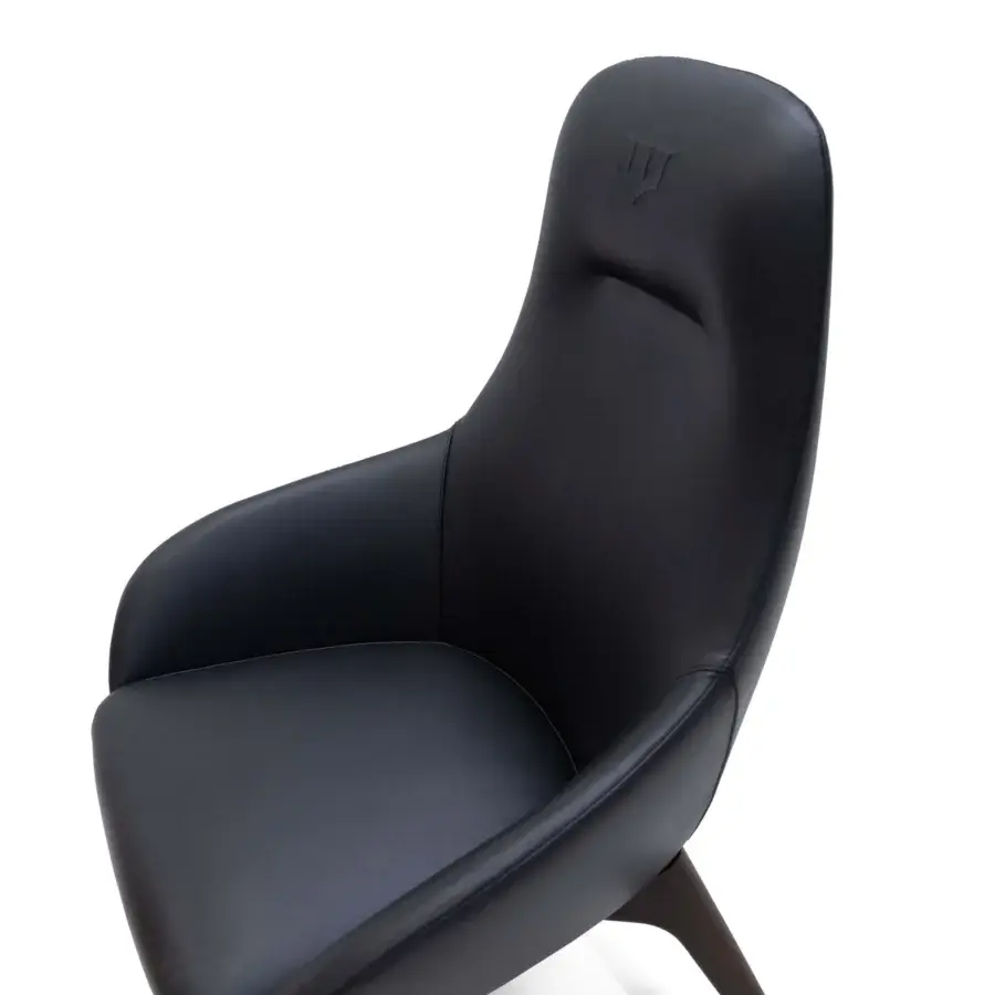 Elegant WAYNE Enterprises WE-130 lounge chair in sleek black leather with a smooth matte finish and dark wood legs