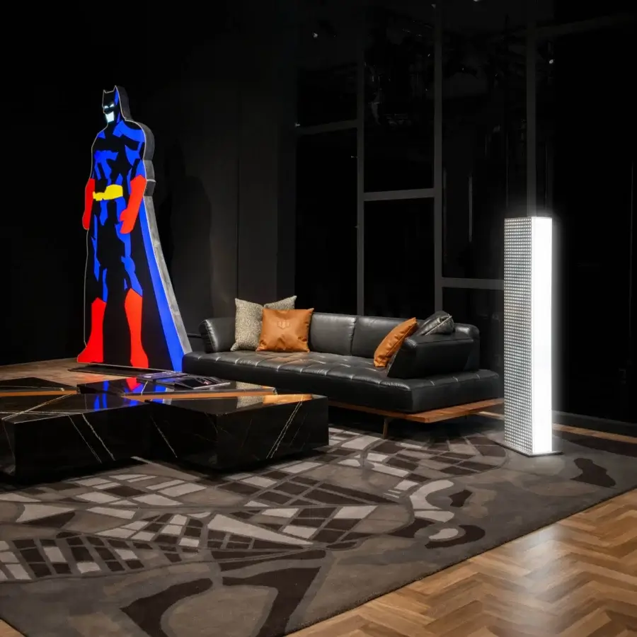 Distinguished WAYNE Enterprises WE-029 sofa in sleek black leather with a wood veneer base and brown cushions