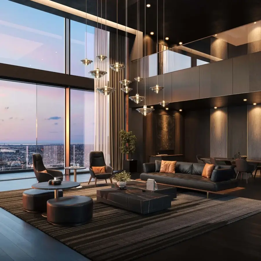 Elegant WAYNE Enterprises WE-029 sofa in sleek black leather with a warm-toned wood veneer base and minimalist design