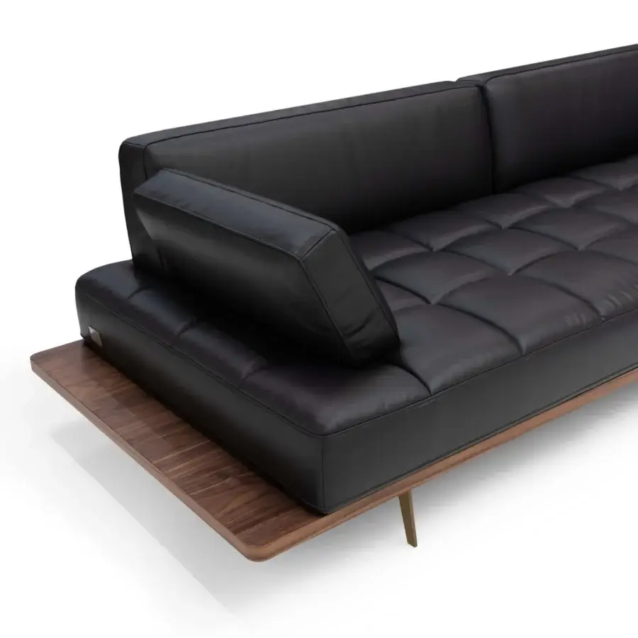 Superior WAYNE Enterprises WE-029 sofa in elegant black leather with a wood veneer base and sleek metal feet