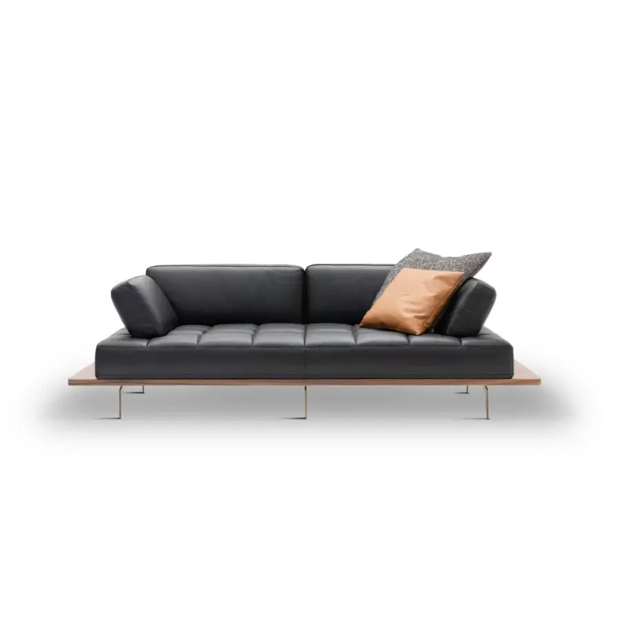 Distinguished WAYNE Enterprises WE-029 sofa in sleek black leather with light brown wood veneer and metal supports crafted in Italy