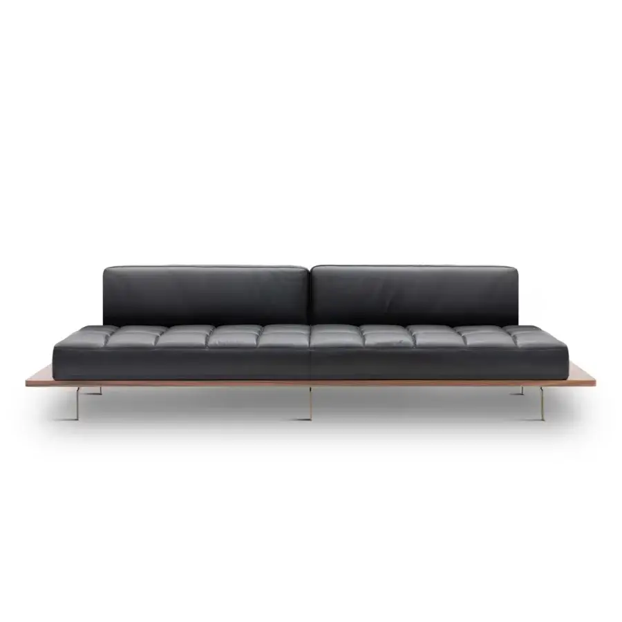 Exclusive WAYNE Enterprises WE-029 sofa in sleek black leather with a light brown wood veneer base and quilted detailing