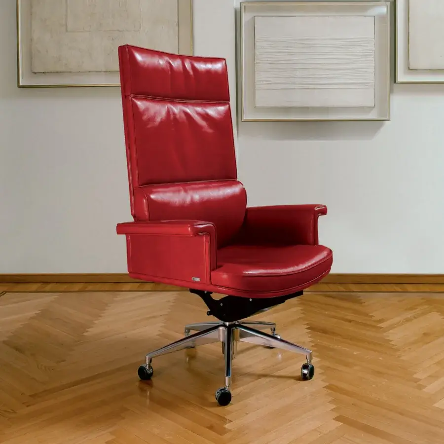 Handcrafted Mascheroni Cult armchair in vibrant red leather with a curved birch wood frame and adjustable sway mechanism