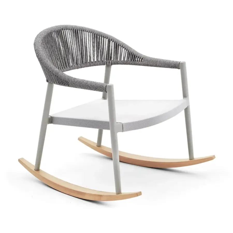 Exceptional Varaschin Clever rocking lounge chair with cool gray aluminum frame and iroko wood runners
