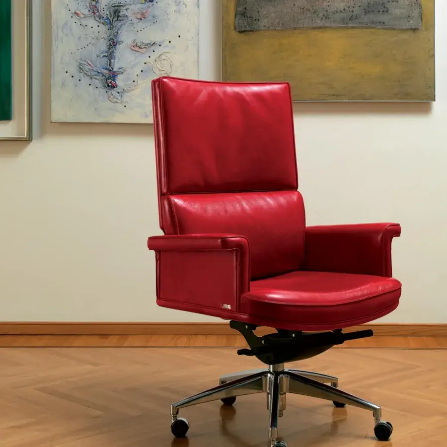 Distinguished Mascheroni Cult armchair in vibrant red natural leather with a curved birch wood structure and steel base
