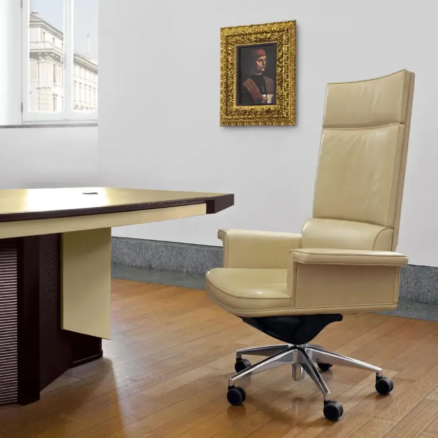 Superior Mascheroni Cult armchair in light beige leather with a steel base and adjustable syncron mechanism system