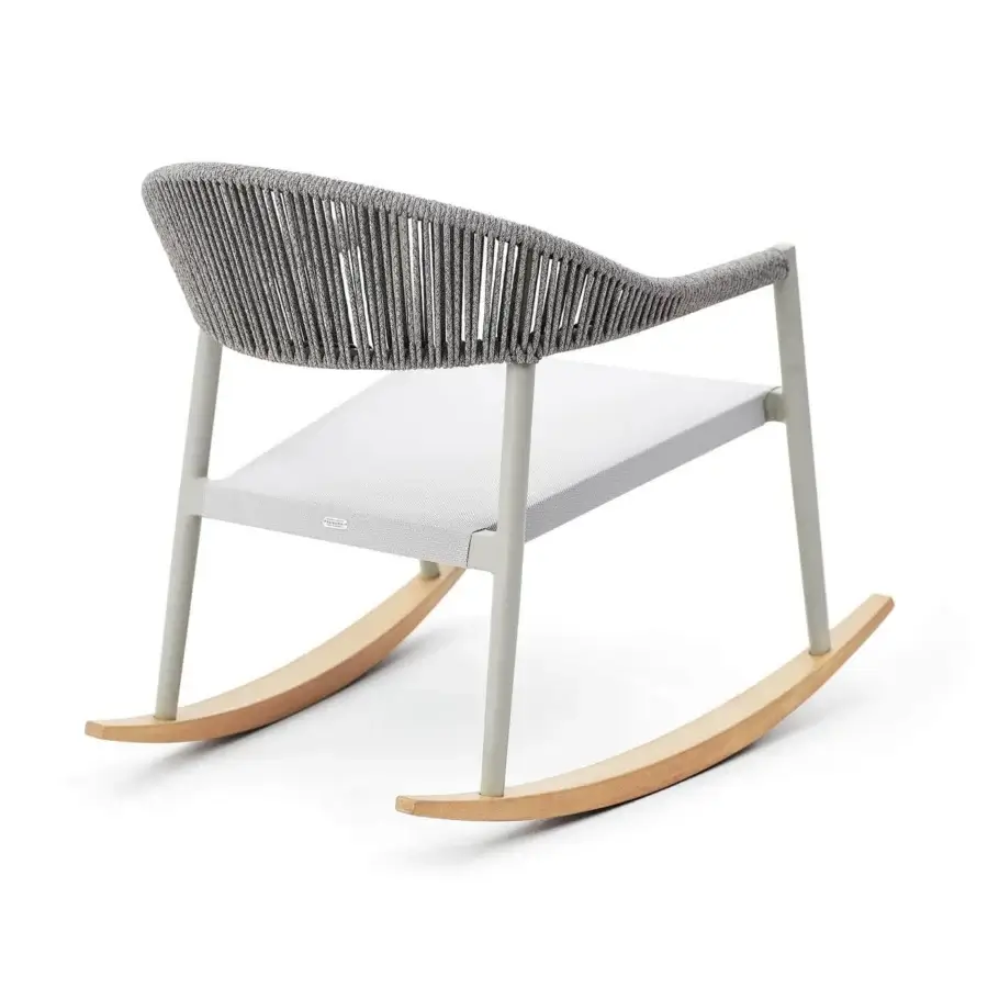 Elegant Varaschin Clever rocking lounge chair with light gray aluminum and woven textilene seat crafted in Iroko solid wood runners