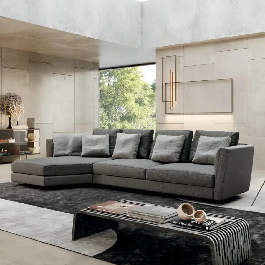 Exceptional Pacini & Cappellini Ester sectional upholstered in gray textile with a skilled wood structure and inclined padded armrests