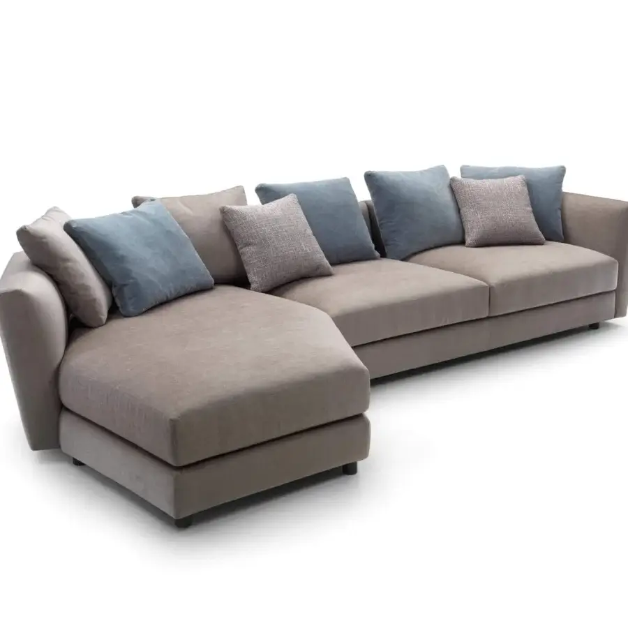 Lavish Pacini & Cappellini Ester sectional upholstered in light brown woven fabric with blue square cushions