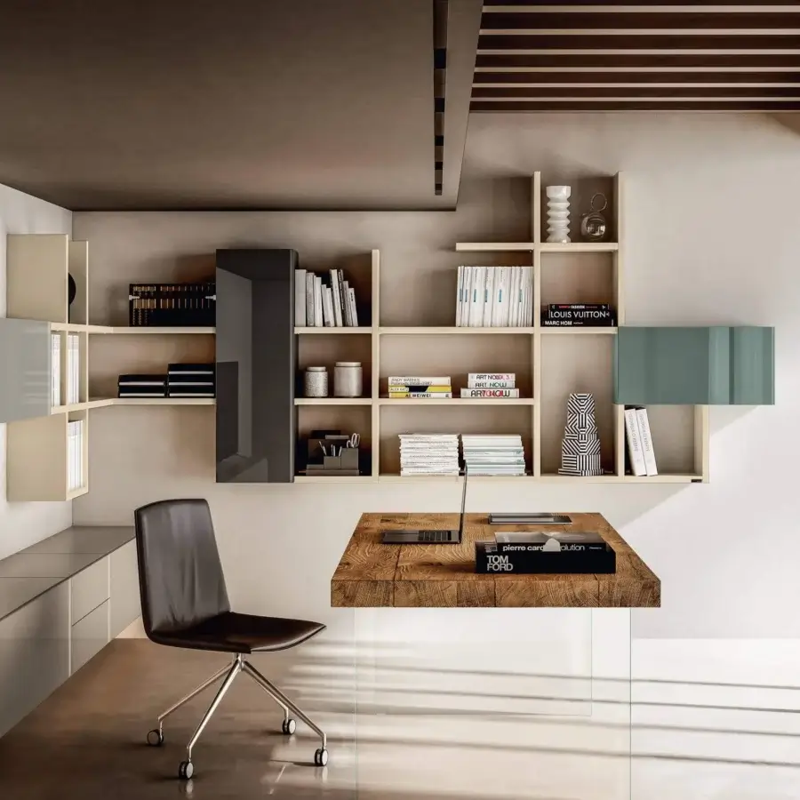 Distinguished Lago Air desk with lightened solid oak tabletop and Wildwood finish, supported by transparent tempered-glass creating a floating effect