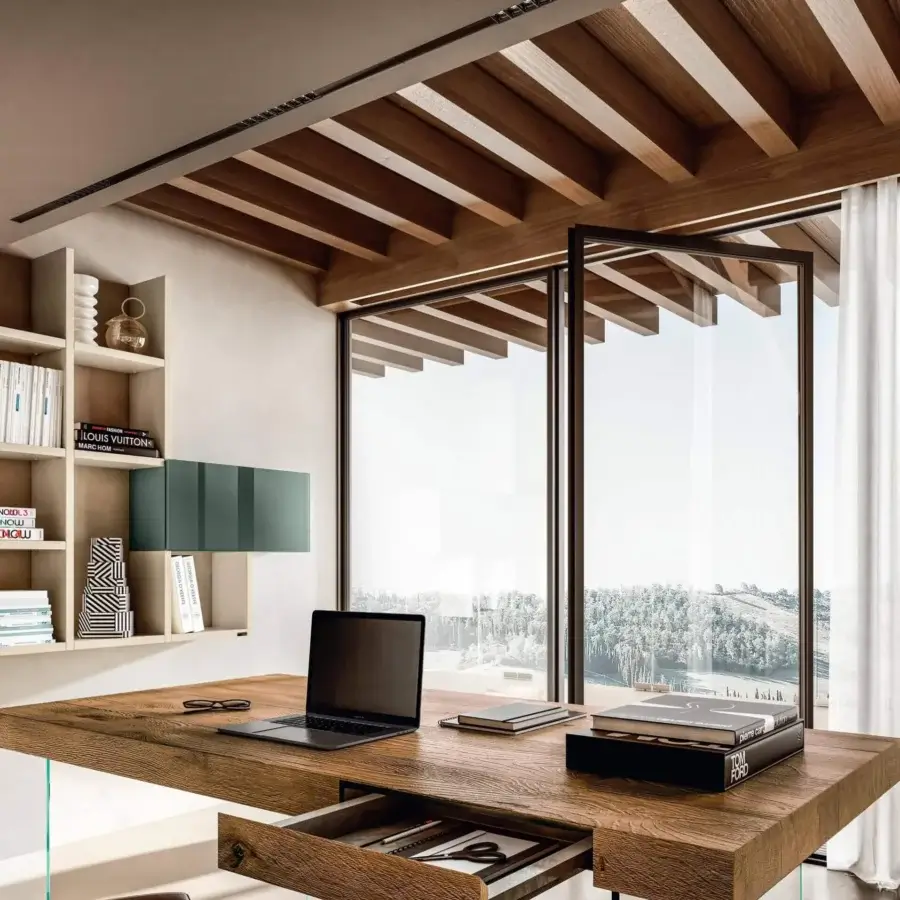 Exceptional Lago Air desk with solid Wildwood oak top and transparent tempered glass legs crafted with heat treatment
