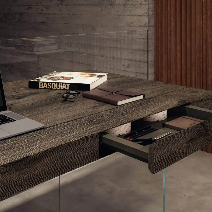 Distinguished Lago Air desk with a heat-treated solid oak top and transparent tempered-glass base crafted in Italy